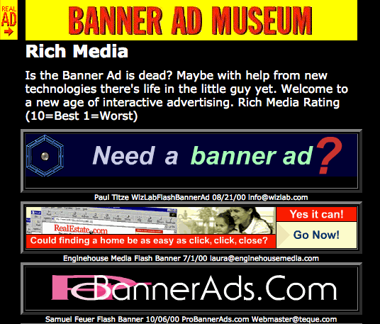 Fig. 4: Rich media banner ads archived by the Banner Ad Museum, 2001. Source: http://web.archive.org/web/20001017172752/http://www.banneradmuseum.com/Galleries/richmedia.html